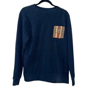 21 Men Navy Sweatshirt With Aztec Print Pocket Long Sleeve Crewneck